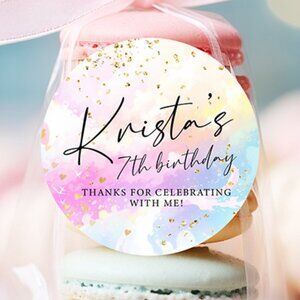 Rainbow Birthday Stickers, Watercolor Ombre Birthday Party Favor Stickers Tags